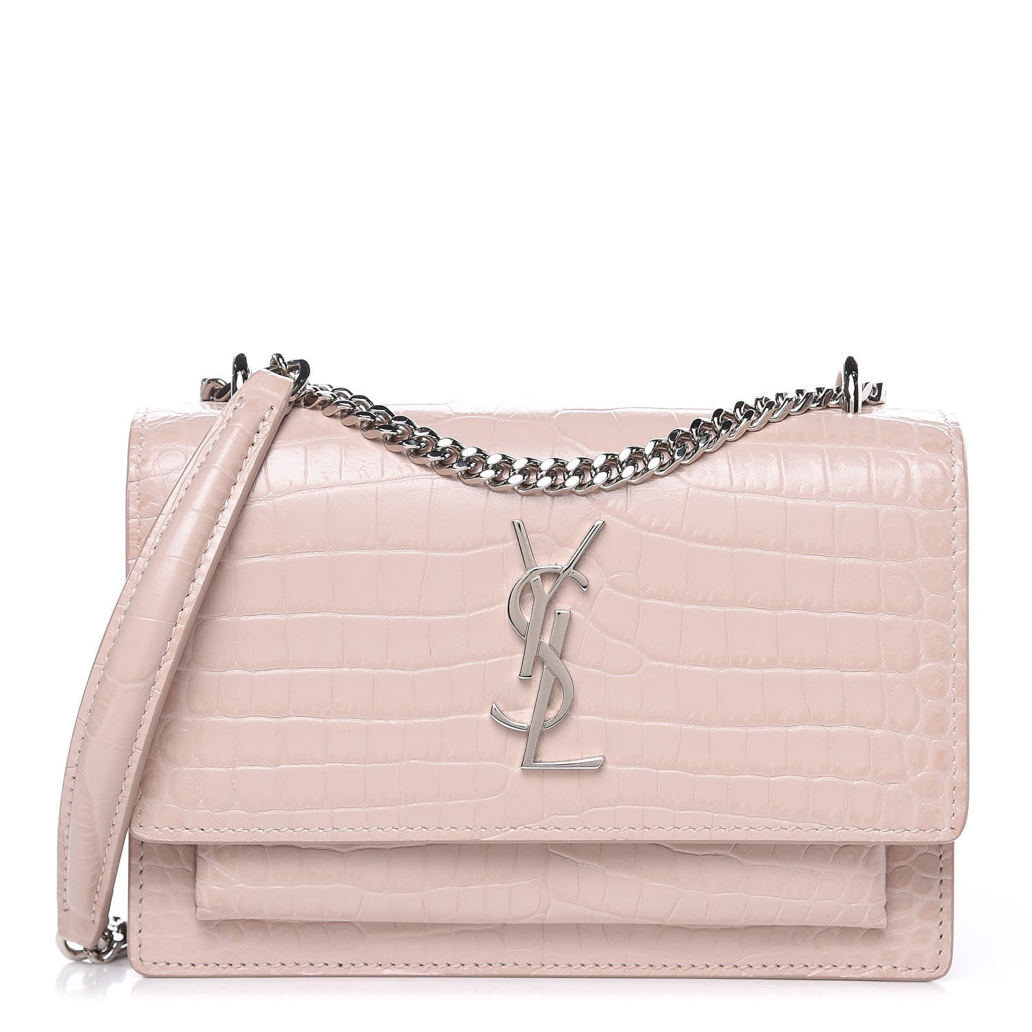 Saint Laurent Calfskin Crocodile Embossed Monogram Sunset Chain Wallet Soft Nude 1 of 9
