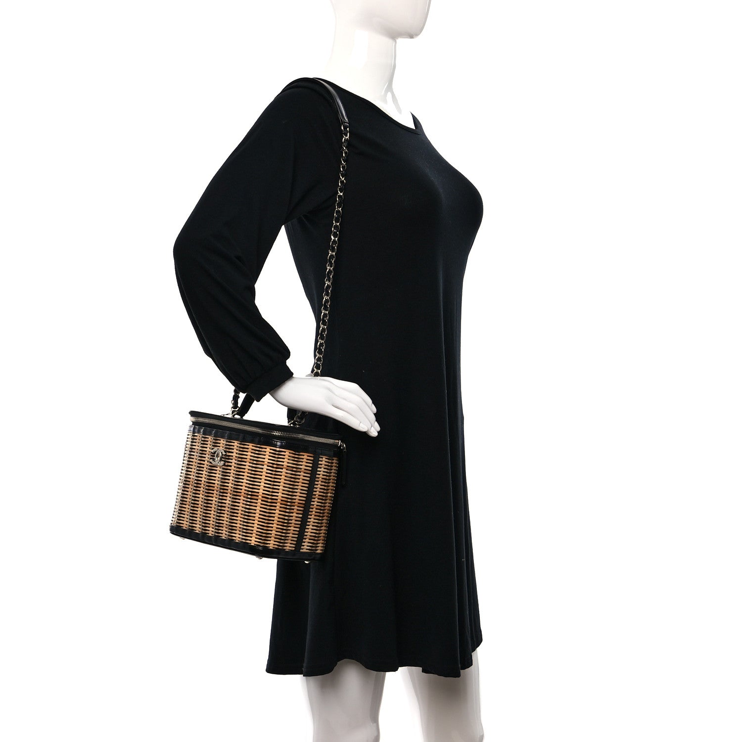 Chanel Glazed Calfskin Raffia Vanity Case Bag Black Beige 2 of 10