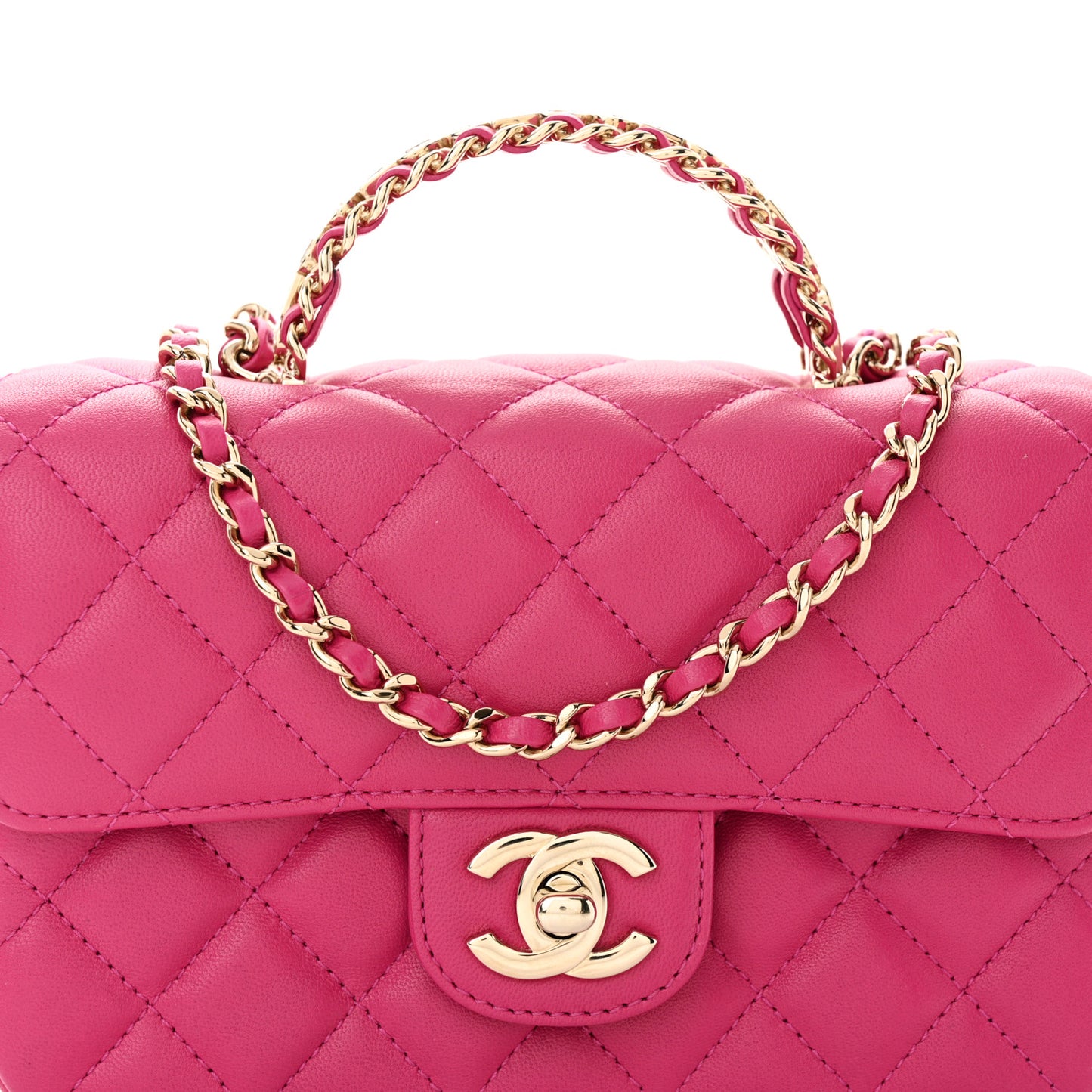 Lambskin Quilted Mini Crystal Top Handle Rectangular Flap Dark Pink