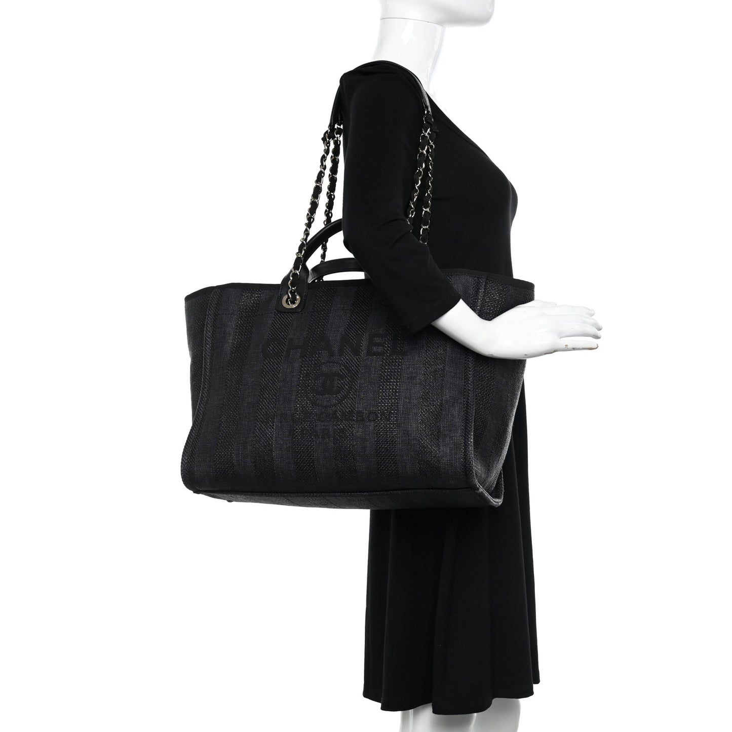 Mixed Fibers Calfskin Striped Medium Deauville Tote Black