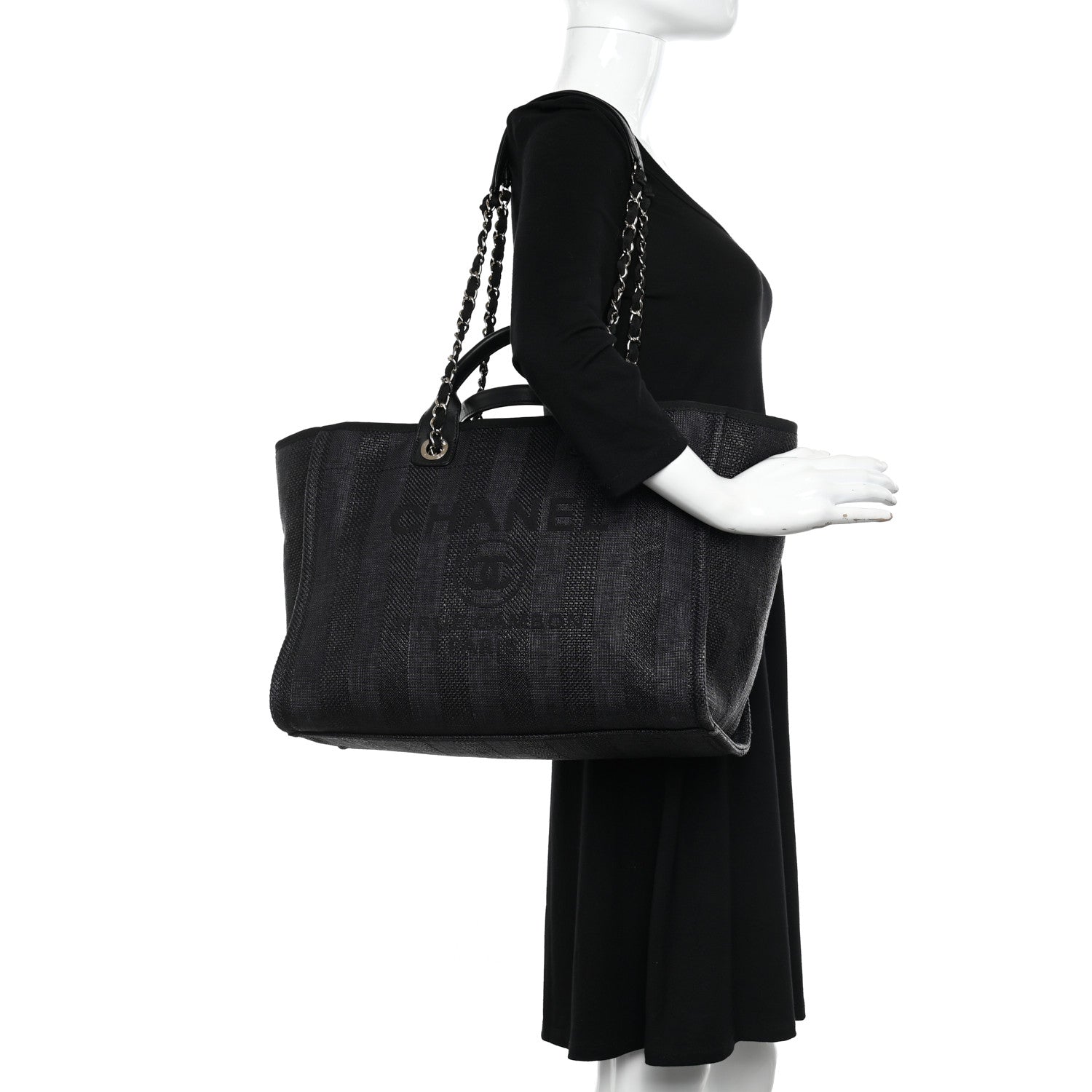Chanel Mixed Fibers Calfskin Striped Medium Deauville Tote Black 2 of 14