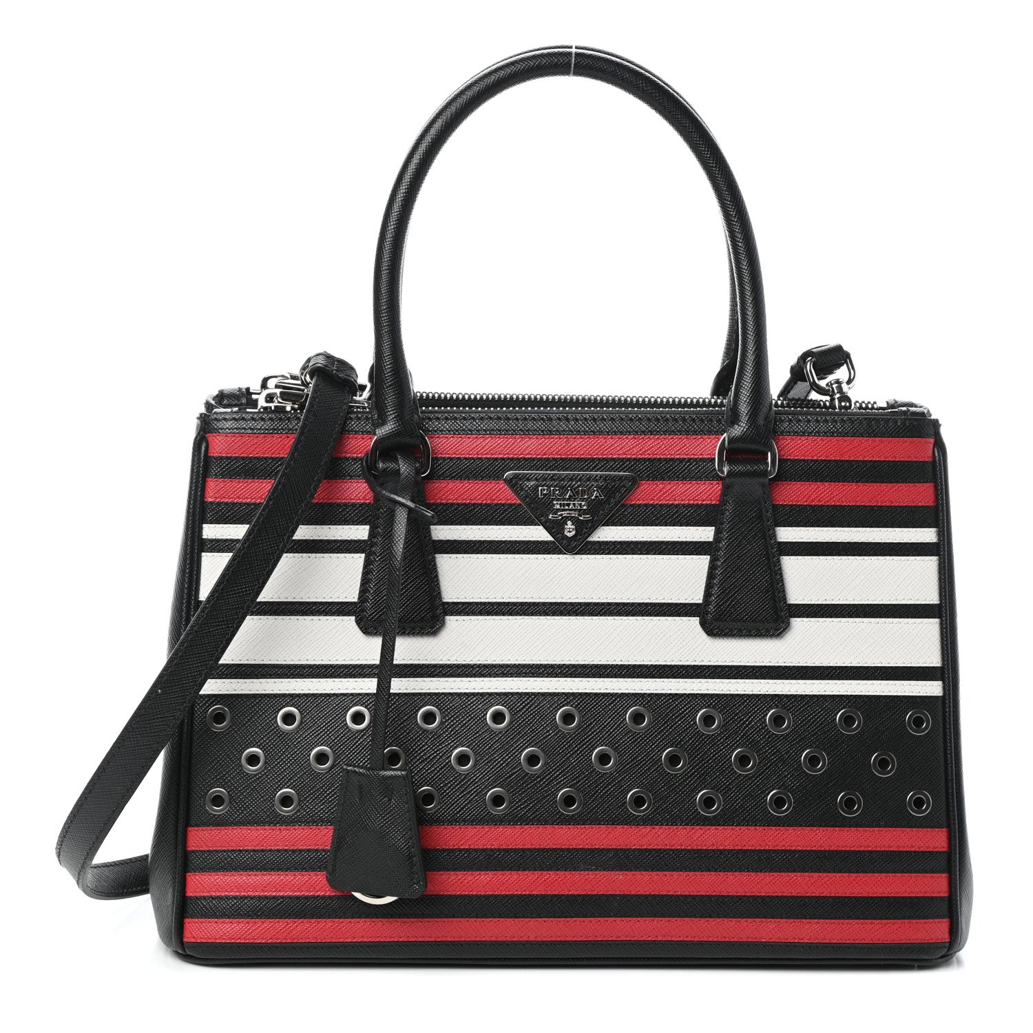 Prada Saffiano Grommet Small Galleria Double Zip Tote Black Fuoco 1 of 9