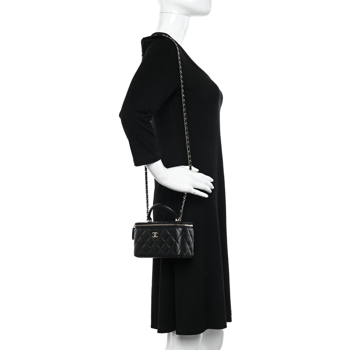 Lambskin Quilted Small Top Handle Vanity Case With Chain Black