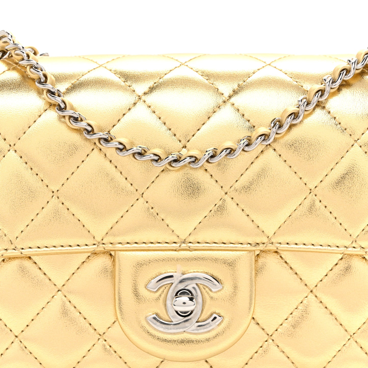 Metallic Lambskin Quilted Mini Rectangular Pearl Crush Flap  Gold