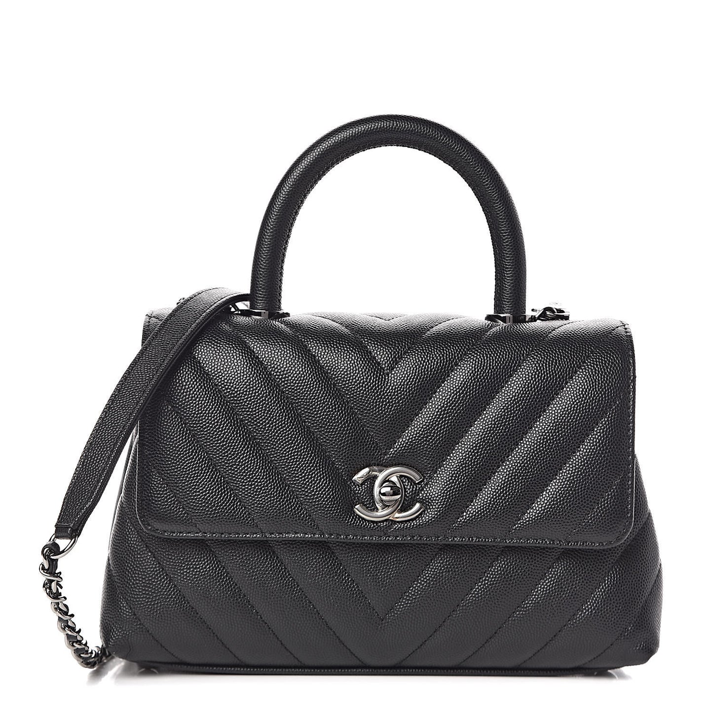 Caviar Chevron Quilted Mini Coco Handle Flap Black