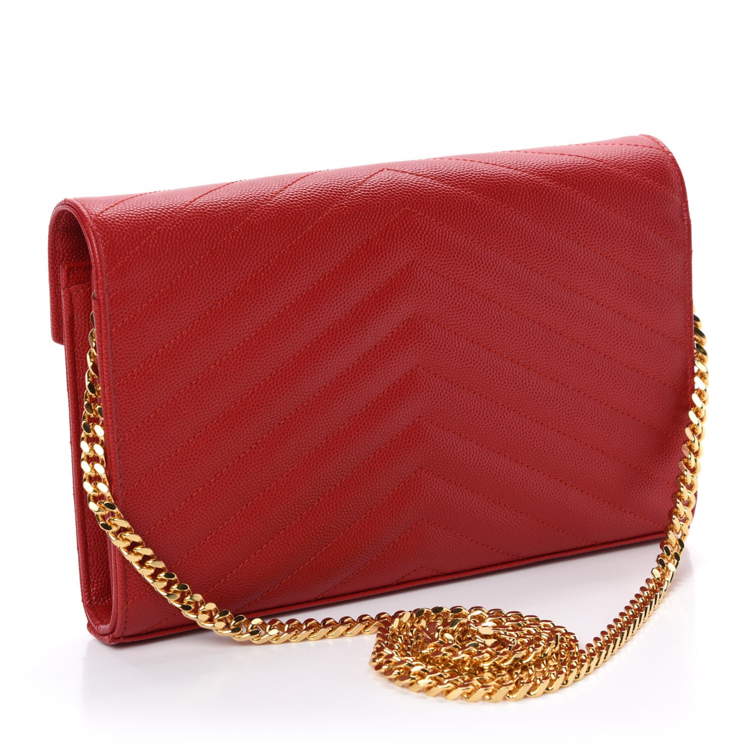 Saint Laurent Grain De Poudre Matelasse Chevron Monogram Chain Wallet Red 3 of 12