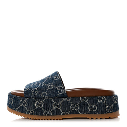 Gucci New Denim GG Monogram Angelina Platform 55mm Slide Sandals 36.5 Blue Tea 1 of 8