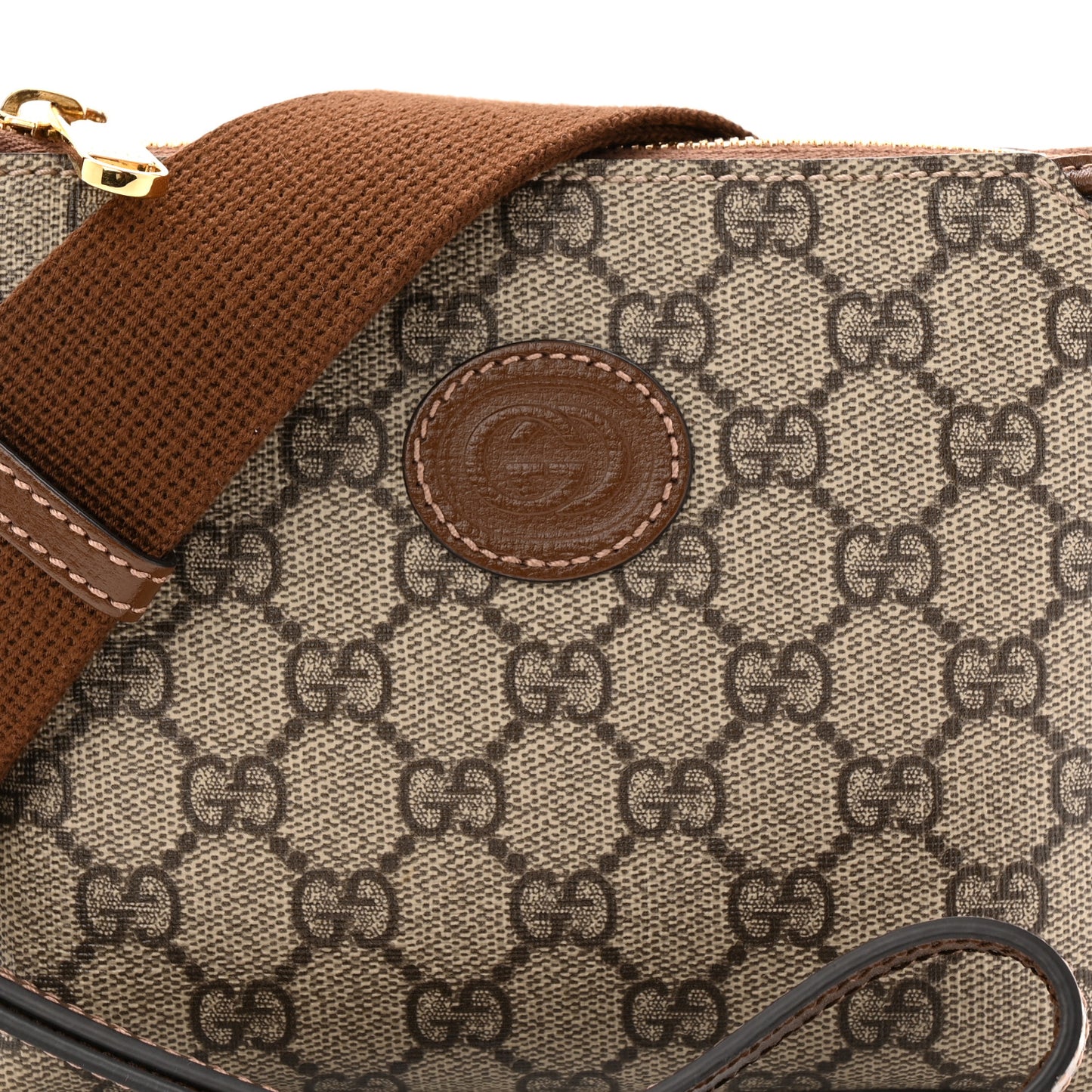 GG Supreme Monogram Azalea Calfskin Small Retro Interlocking G Wristlet Messenger Bag Beige Ebony Brown Sugar