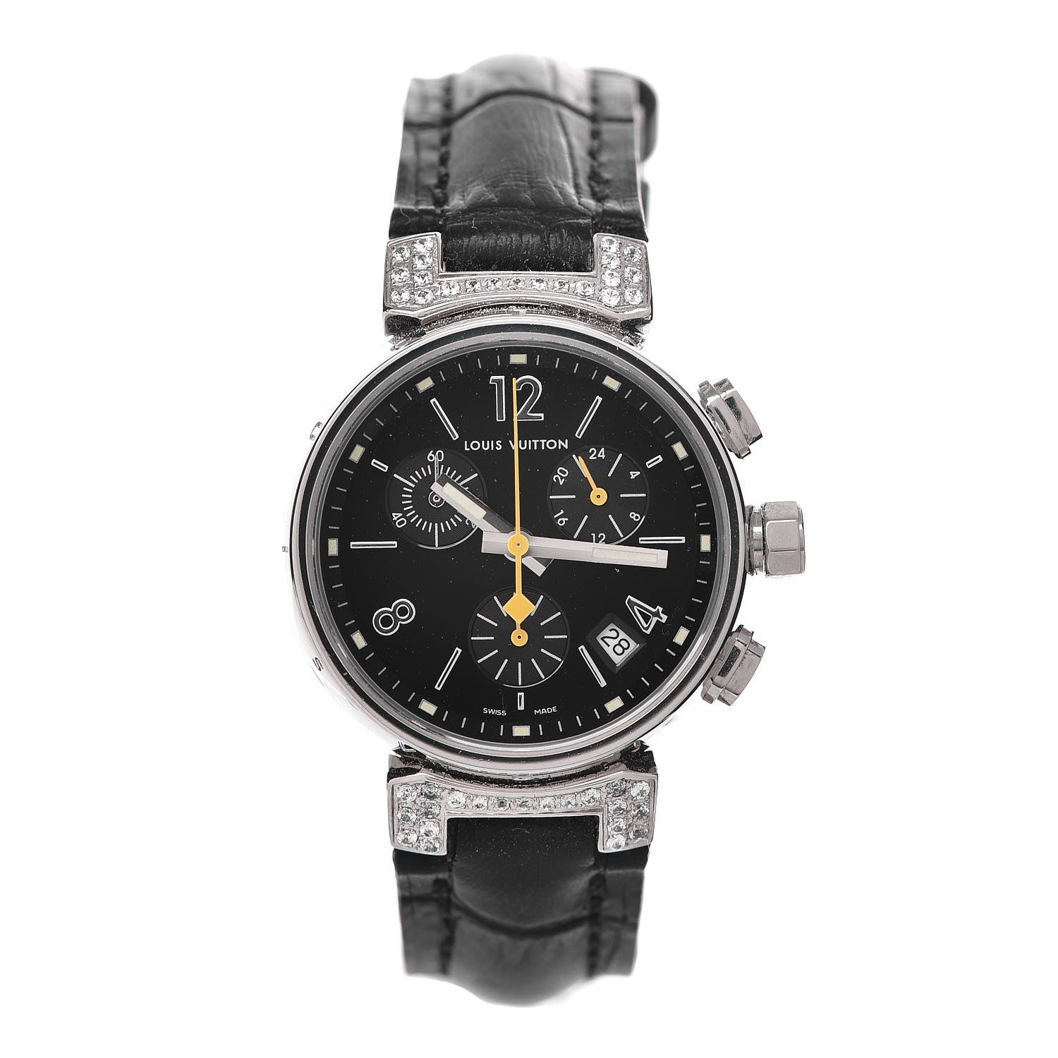 Louis Vuitton Stainless Steel Alligator Diamond 34mm Tambour Chronograph Quartz Watch Black 1 of 13