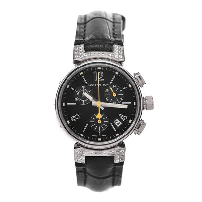 Louis Vuitton Stainless Steel Alligator Diamond 34mm Tambour Chronograph Quartz Watch Black 1 of 13