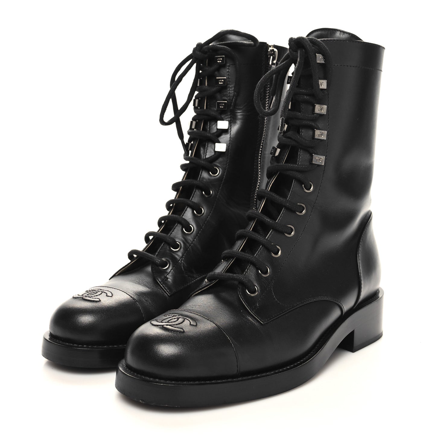 Calfskin Lace Up Combat Boots 38 Black