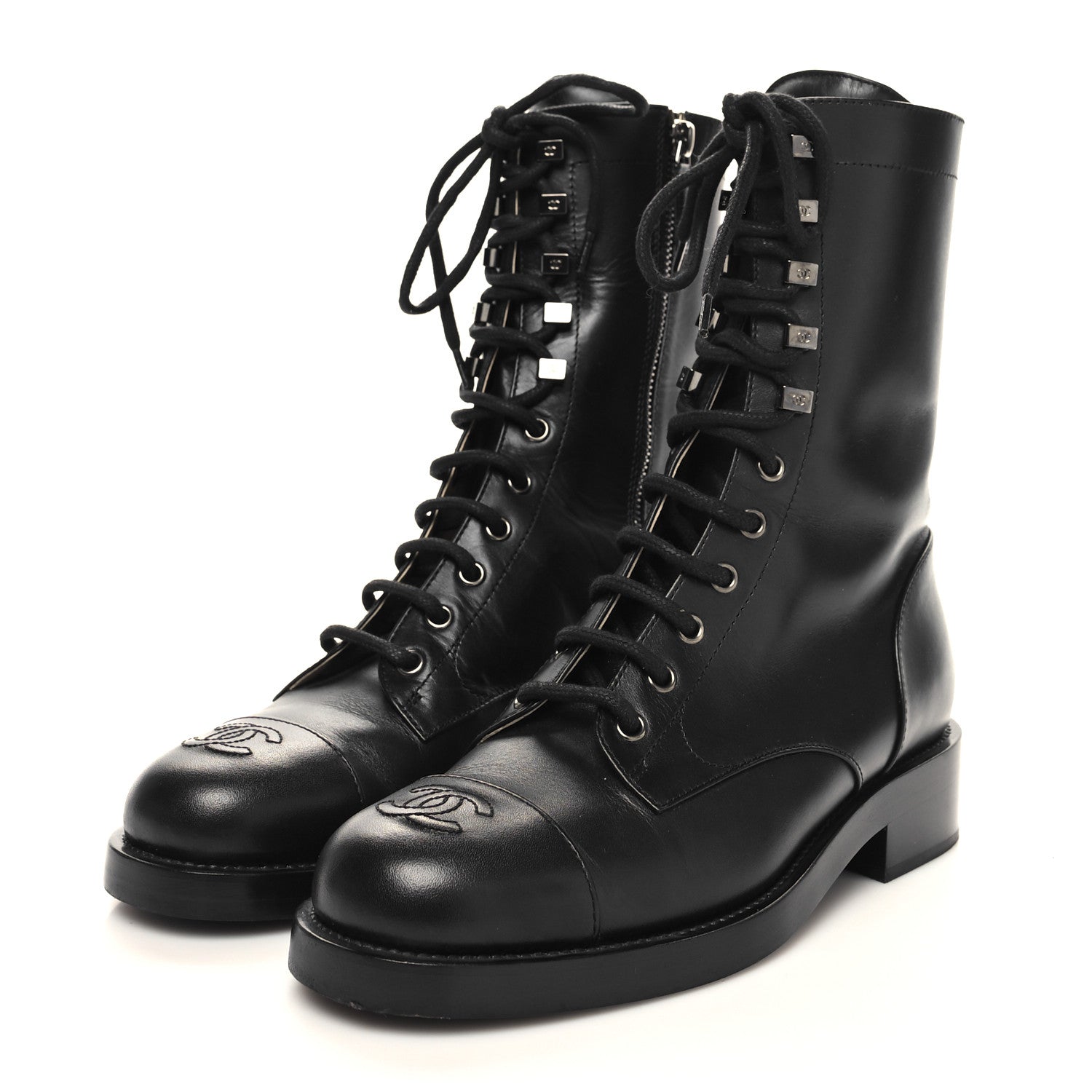 Chanel Calfskin Lace Up Combat Boots 38 Black 3 of 8