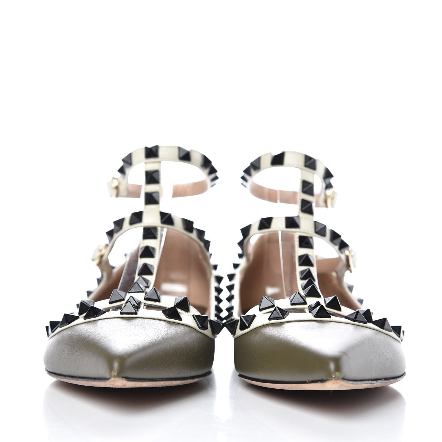 Valentino Garavani Nappa Rockstud Cage Ballerina Flats 36.5 Army Green Light Ivory 2 of 10
