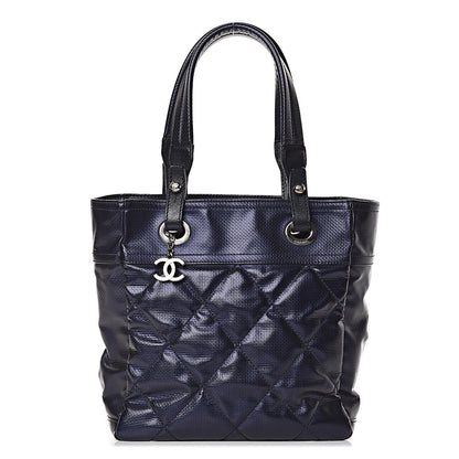 Chanel Metallic Coated Canvas Quilted Small Paris Biarritz Tote Blue 1 of 14