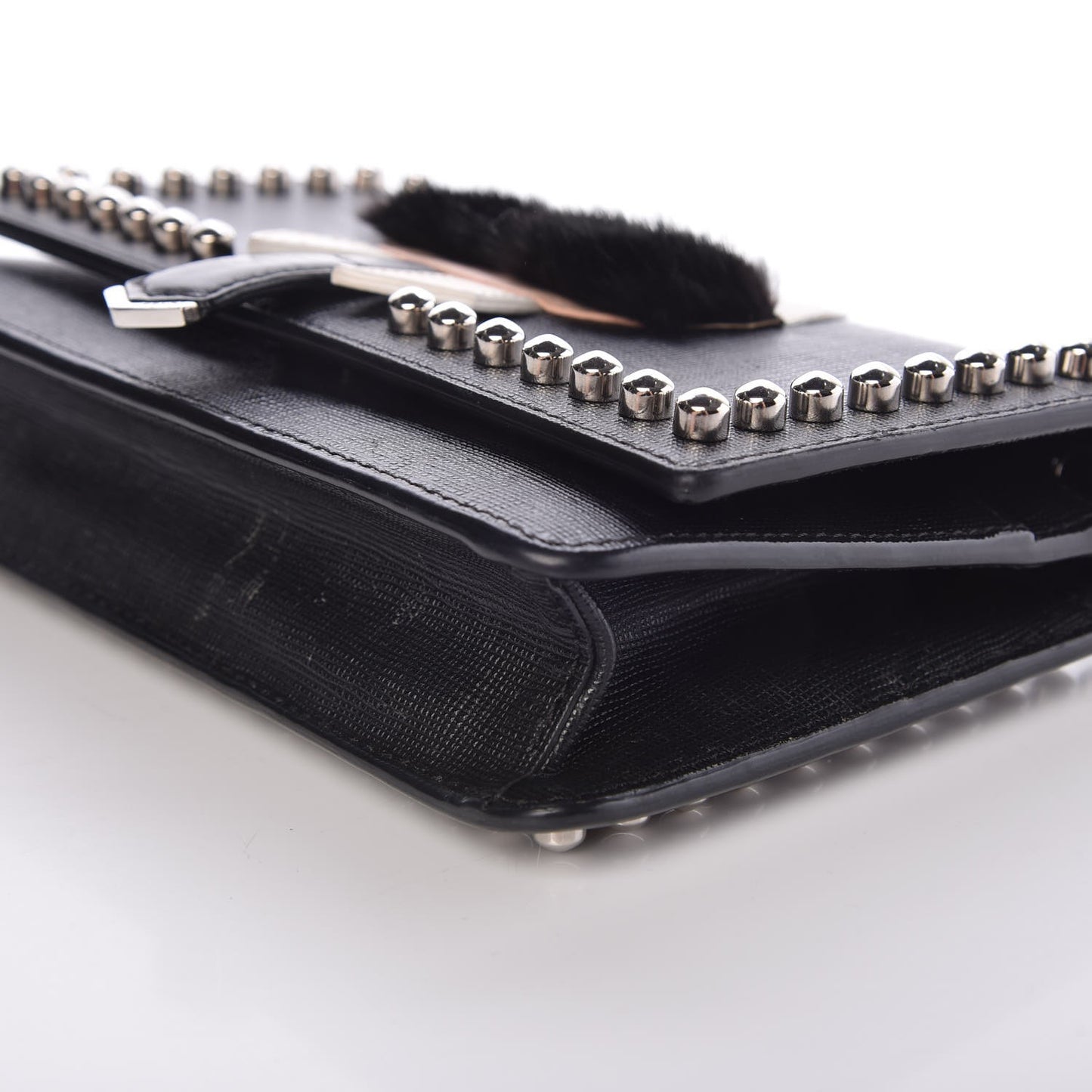 Vitello Elite Mink Fur Studded Karlito Tube Wallet on Chain Black