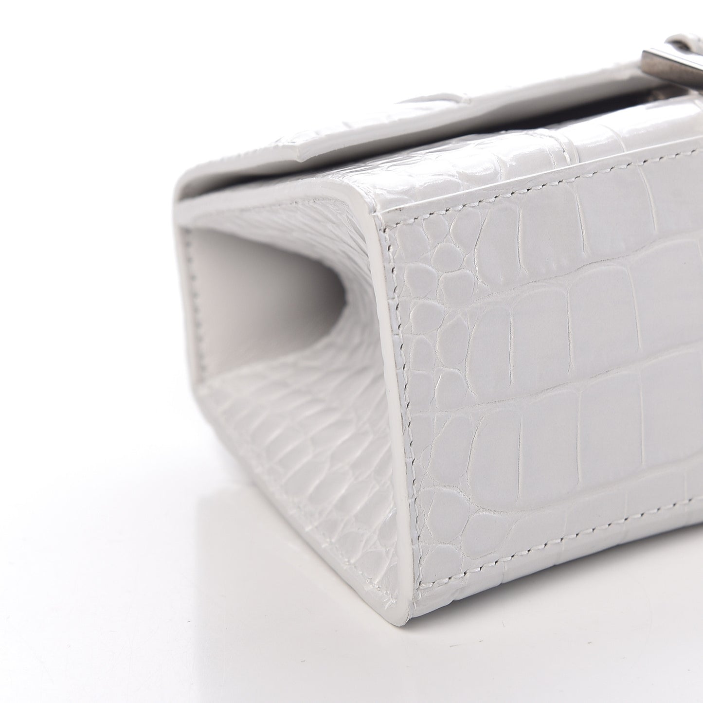 Shiny Calfskin Crocodile Embossed Hourglass Top Handle Bag XS White