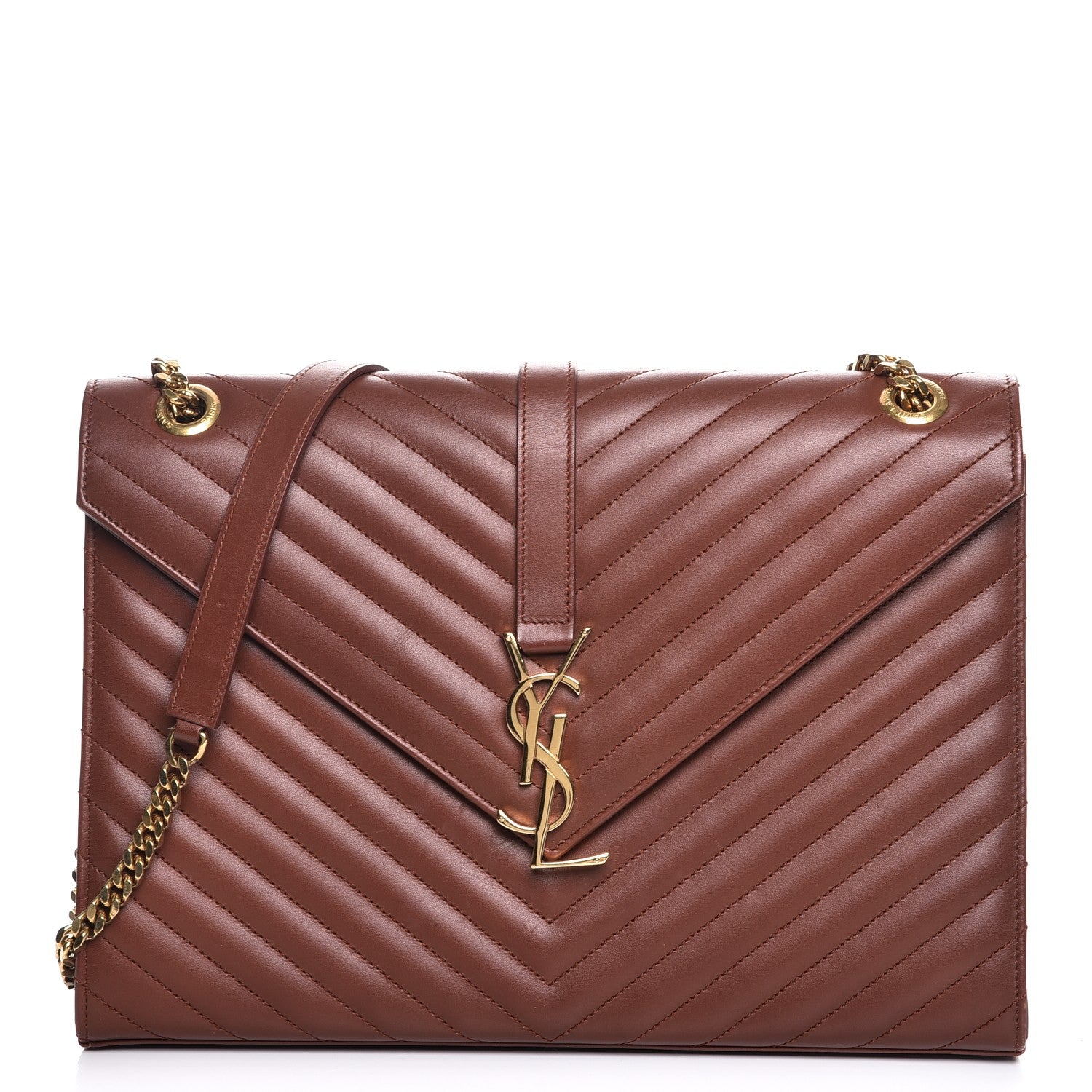 Saint Laurent Smooth Calfskin Matelasse Chevron Large Monogram Satchel Brown 1 of 12