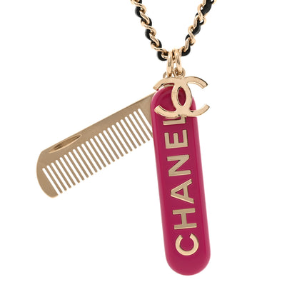 Chanel Metal Lambskin Chain CC Comb Necklace Gold Fuchsia Silver Black 5 of 6