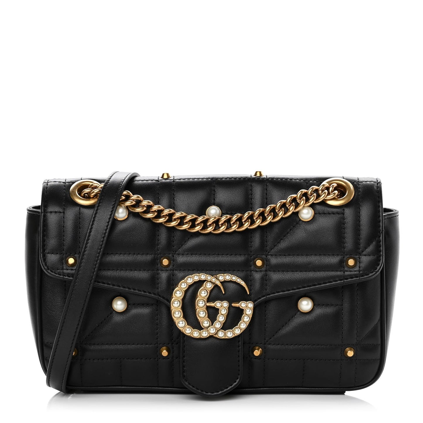 Calfskin Matelasse Studded Small Pearly GG Marmont Shoulder Bag Black