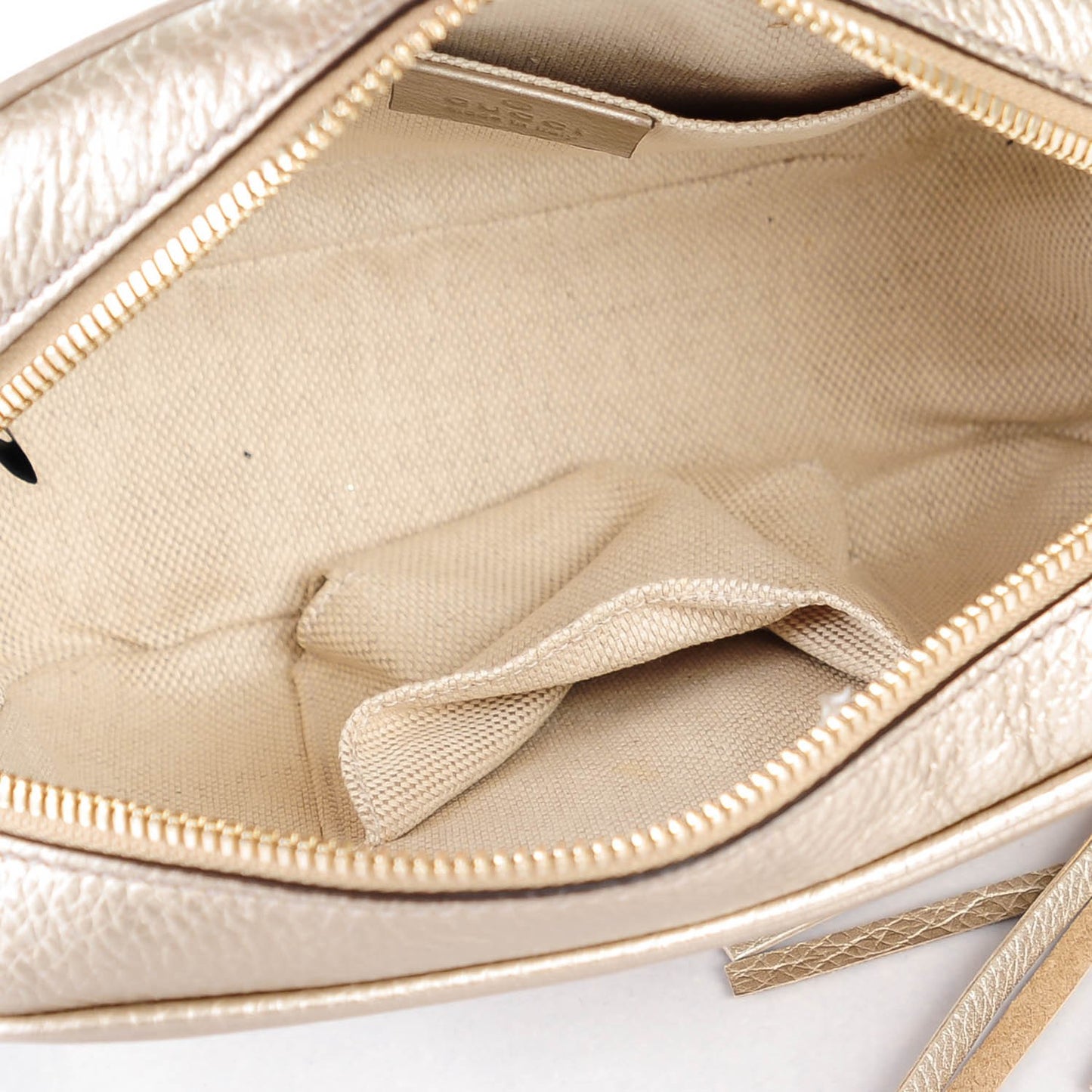 Metallic Pebbled Calfskin Small Soho Disco Bag Golden Beige