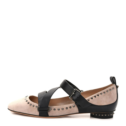Valentino Garavani Suede Soul Rockstud Strappy Ballerina Flats 38.5 Poudre Black 1 of 7