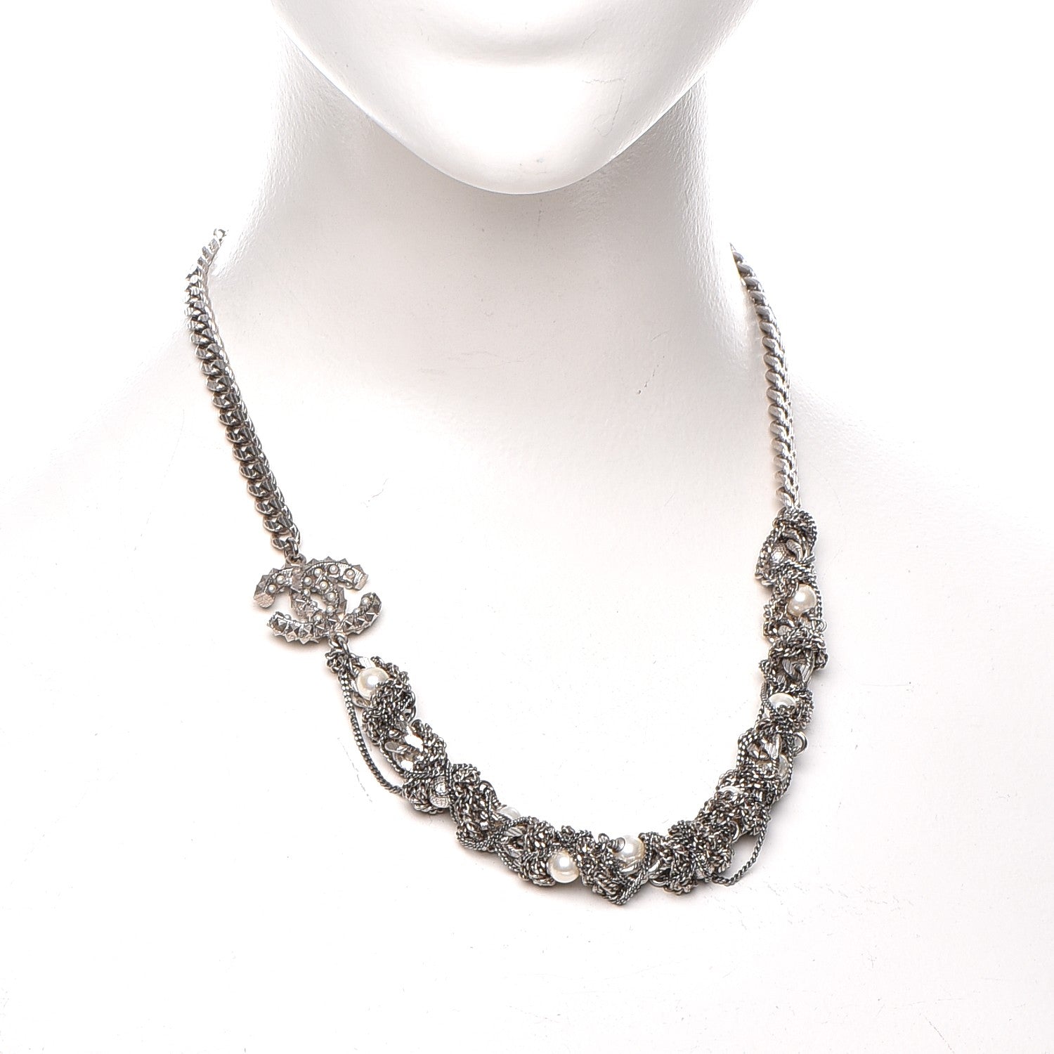 Chanel Pearl Chain CC Short Necklace Silver 2 of 7