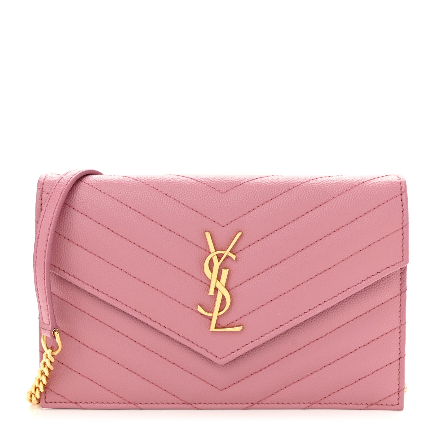 Saint Laurent Grain De Poudre Matelasse Chevron Monogram Envelope Chain Wallet Dark Rose 1 of 10