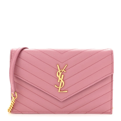 Saint Laurent Grain De Poudre Matelasse Chevron Monogram Envelope Chain Wallet Dark Rose 1 of 10