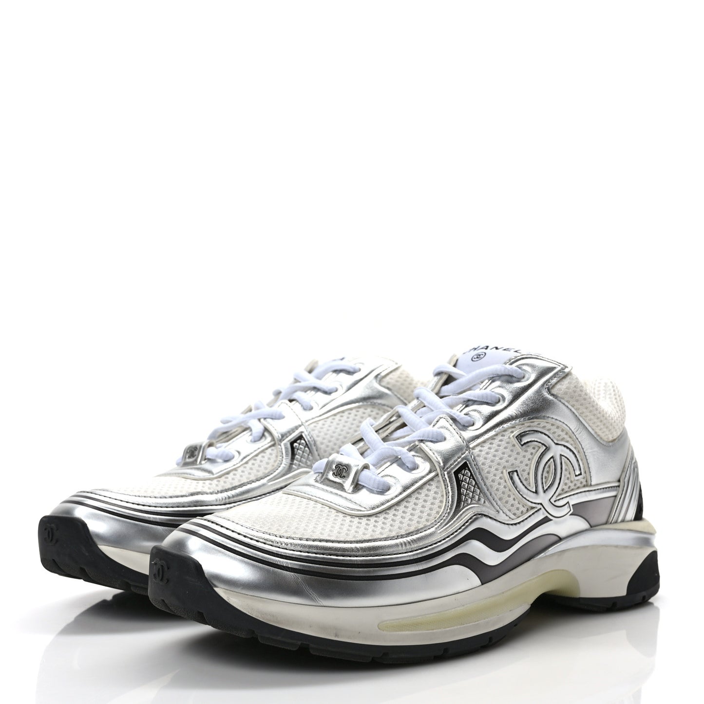 Fabric Laminated Calfskin Stretch CC Sneakers 41 White Silver