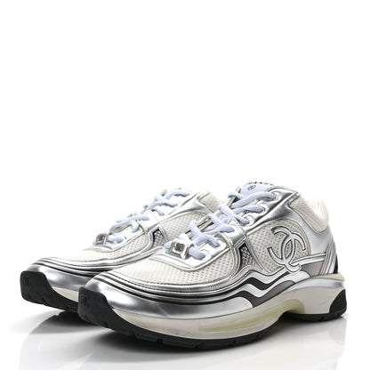 Chanel Fabric Laminated Calfskin Stretch CC Sneakers 41 White Silver 3 of 9