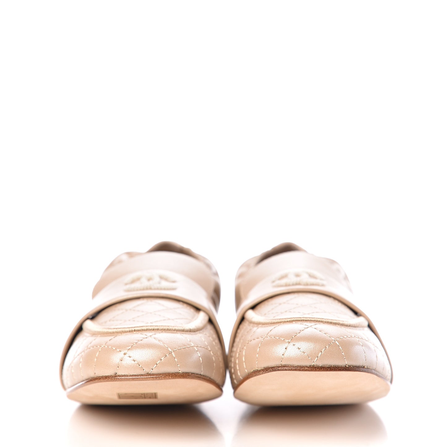 Laminated Lambskin Womens Quilted Elastic CC Moccasin Loafers 38 Beige