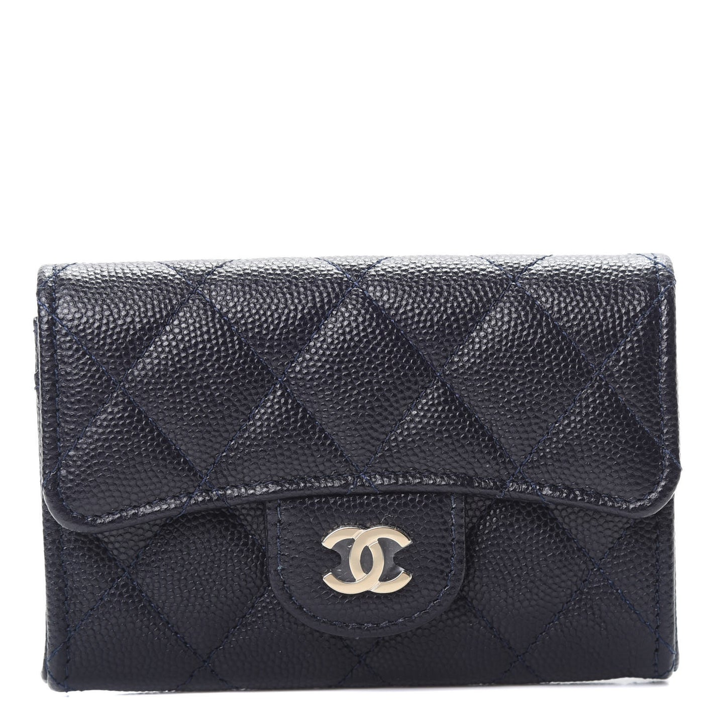 Caviar Quilted Flap Card Holder Dark Blue