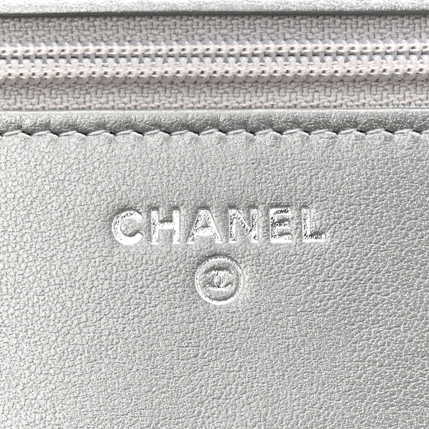 Metallic Lambskin Crystal Camellia Embossed Wallet On Chain WOC Silver