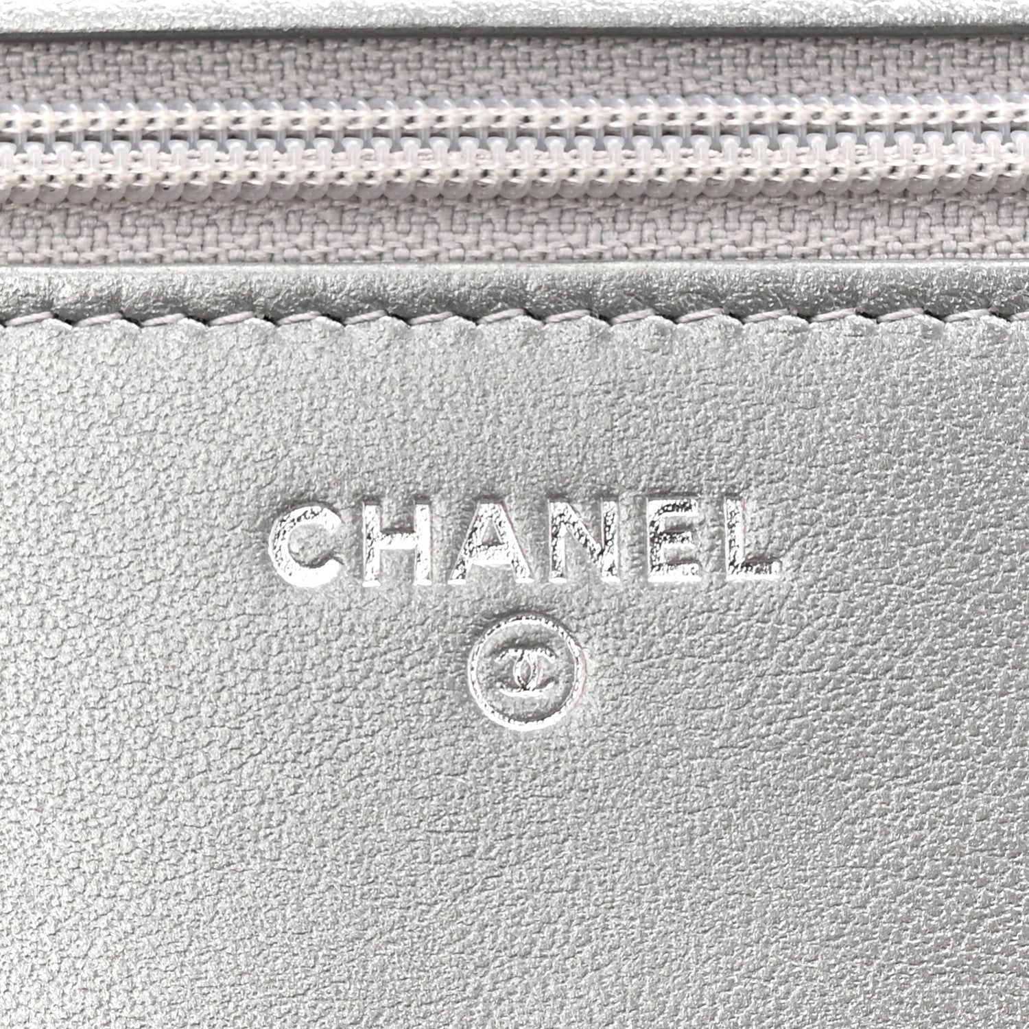Chanel Metallic Lambskin Crystal Camellia Embossed Wallet On Chain WOC Silver 6 of 12