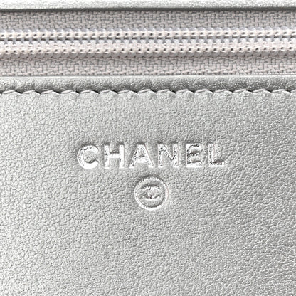Chanel Metallic Lambskin Crystal Camellia Embossed Wallet On Chain WOC Silver 6 of 12