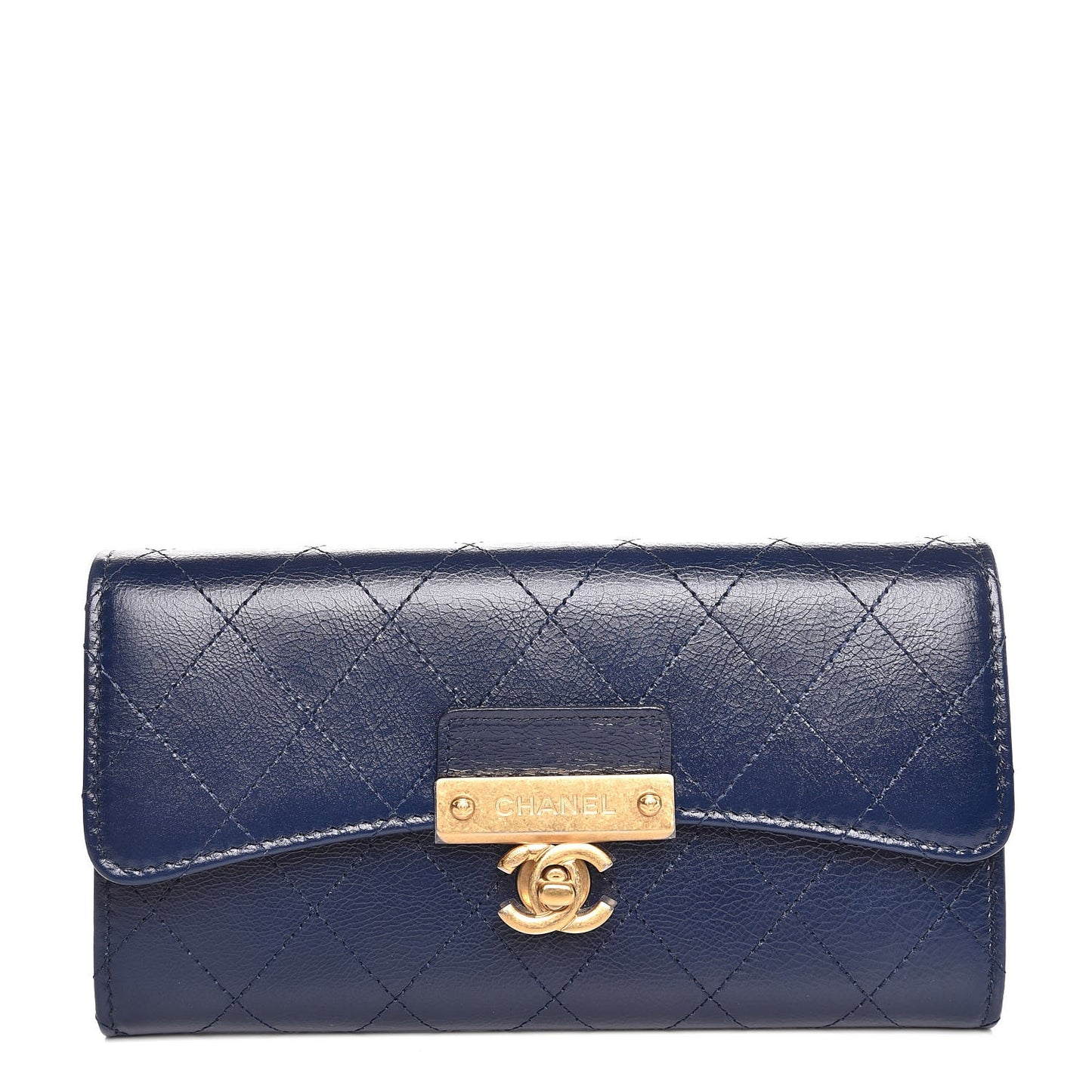 Goatskin Stitched Golden CC Flap Wallet Navy
