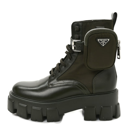 Prada Spazzolato Rois Re-Nylon Metal Triangle Logo Monolith Pouch Pocket 55mm Boots 38 Militare 1 of 9