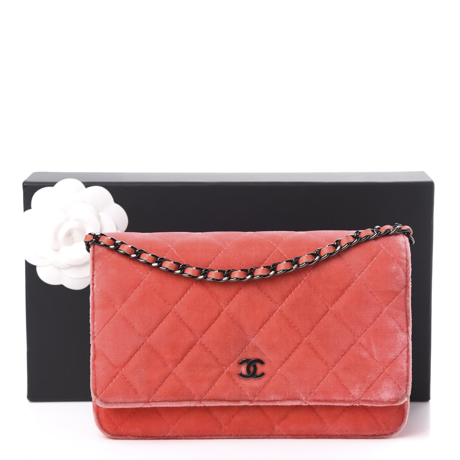 Chanel Velvet Classic Quilted Wallet On Chain WOC Coral 18 of 18