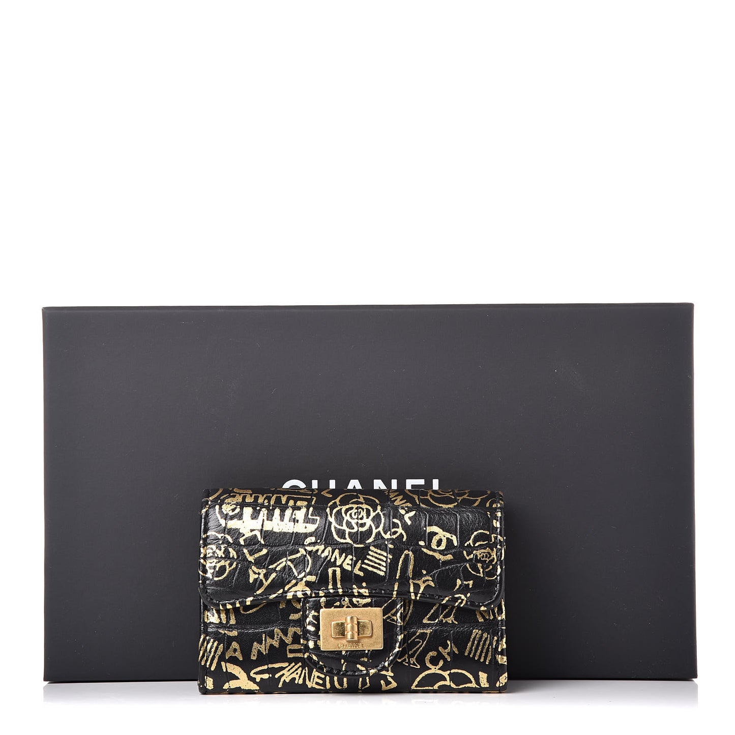 Calfskin Crocodile Embossed Graffiti 2.55 Cocodile Reissue Flap Card Holder Black Gold