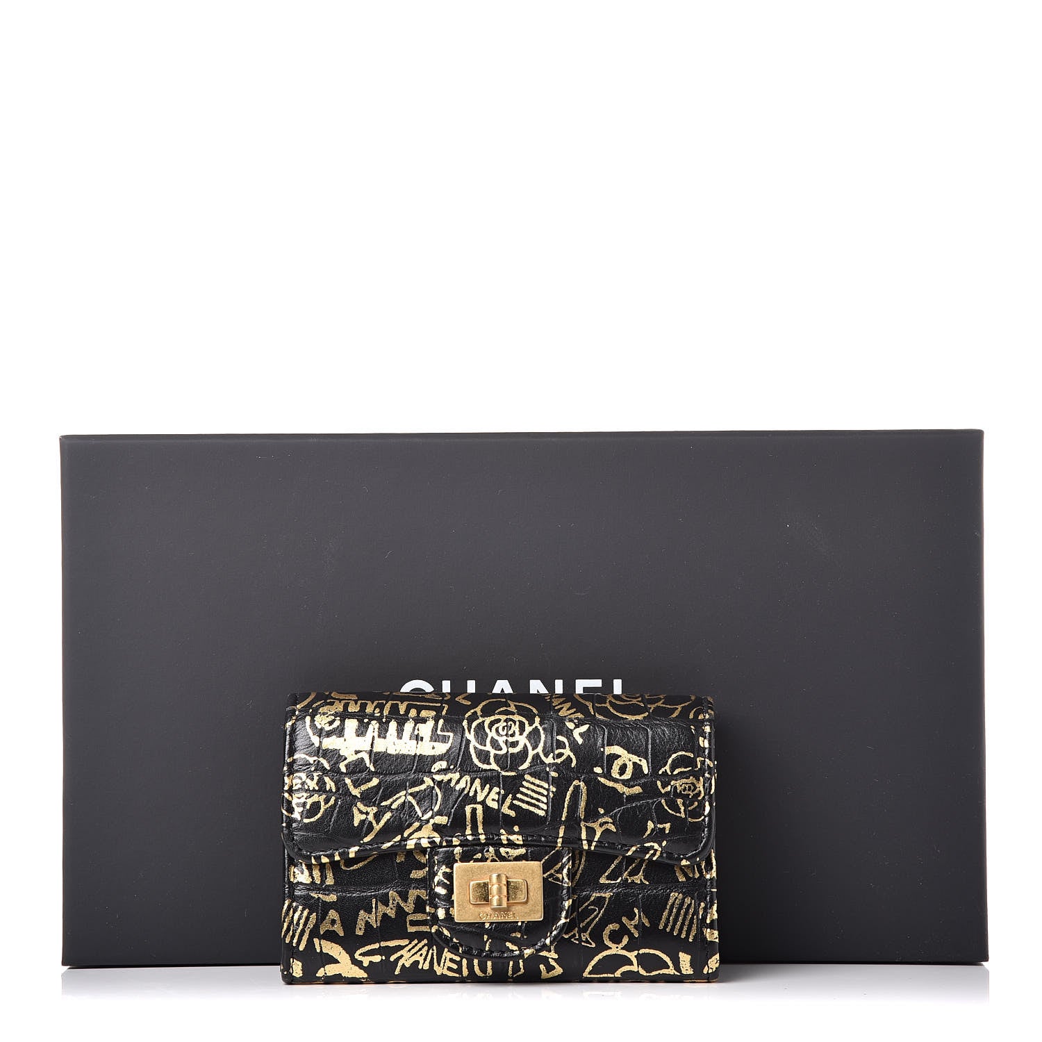 Chanel Calfskin Crocodile Embossed Graffiti 2.55 Cocodile Reissue Flap Card Holder Black Gold 12 of 12