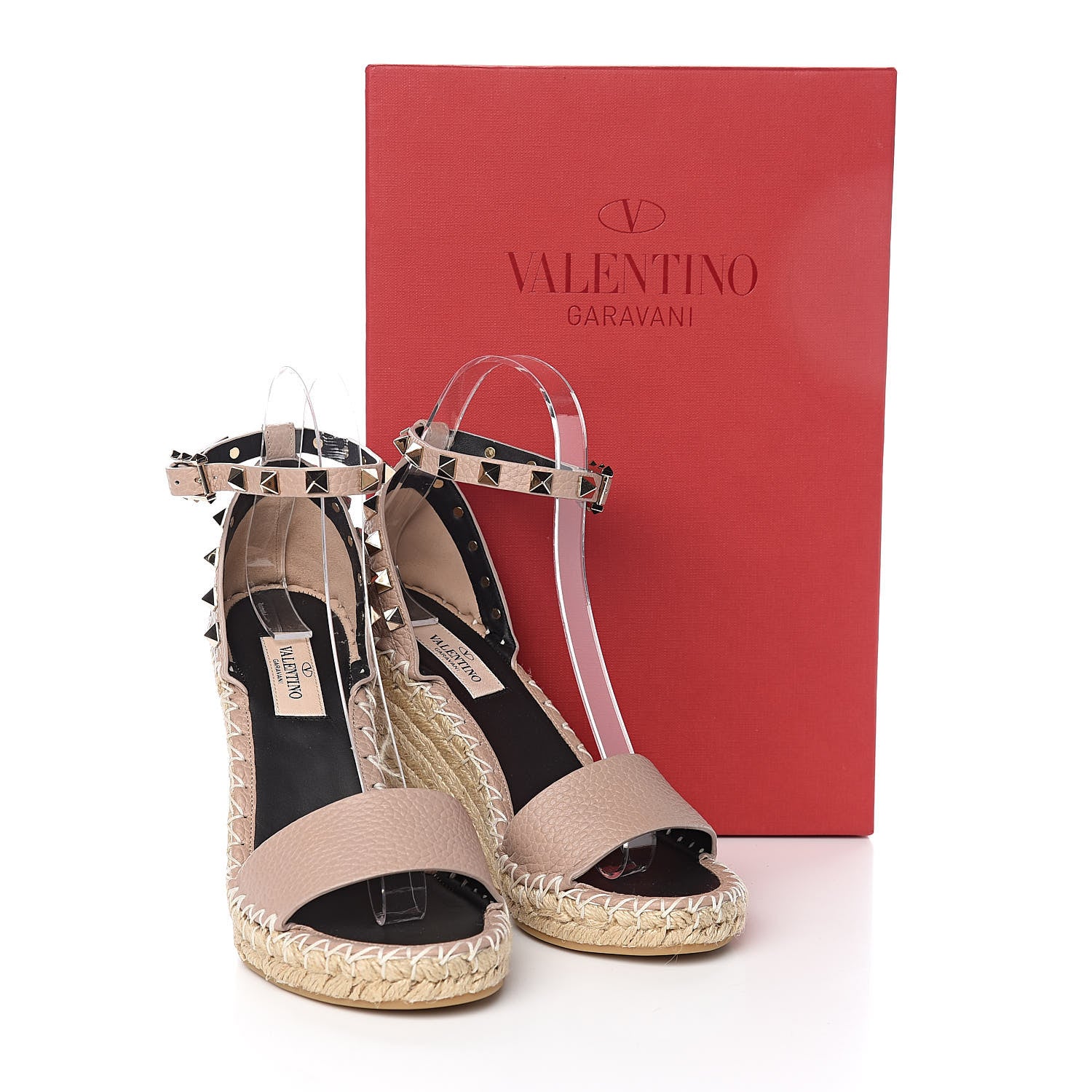 Valentino Garavani Grained Calfskin Rockstud Ankle Strap Espadrille 15/105mm Wedge Sandals 35 Poudre Natural 9 of 9