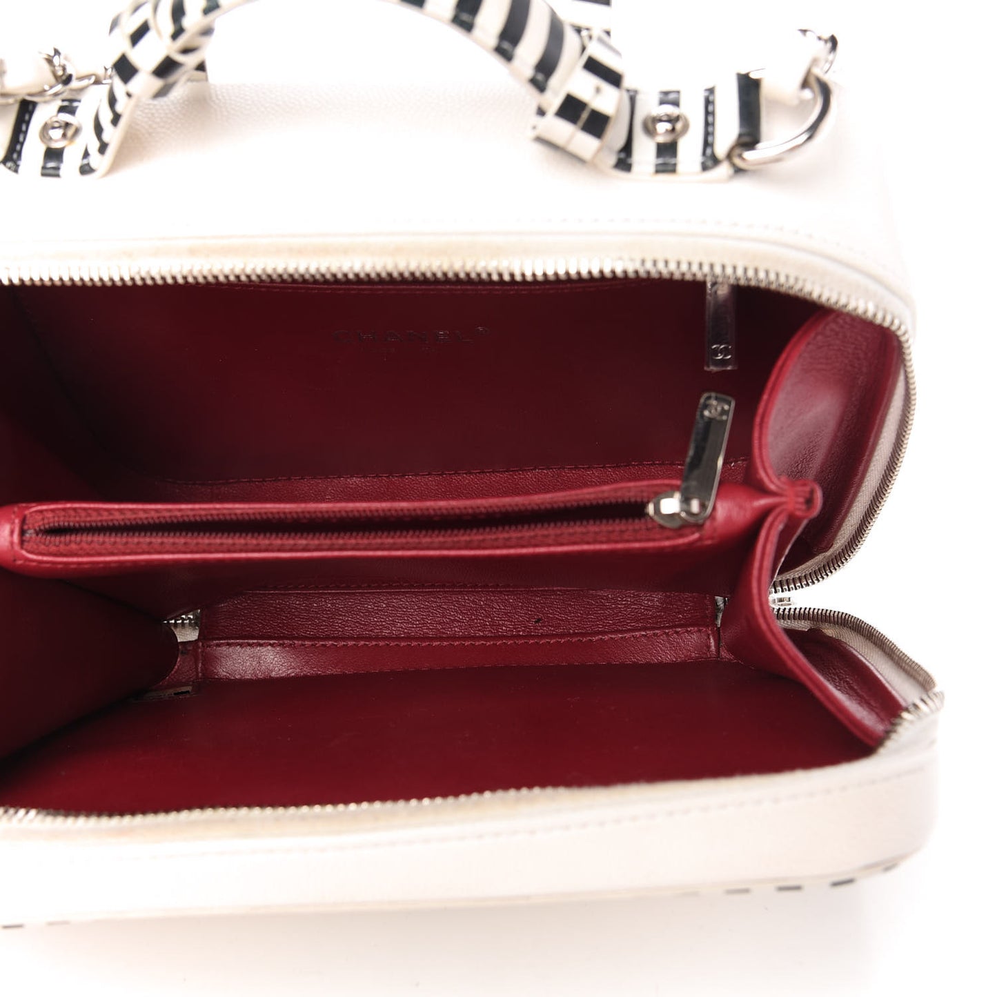Caviar Quilted Striped Medium CC Filigree Vanity Case White Black
