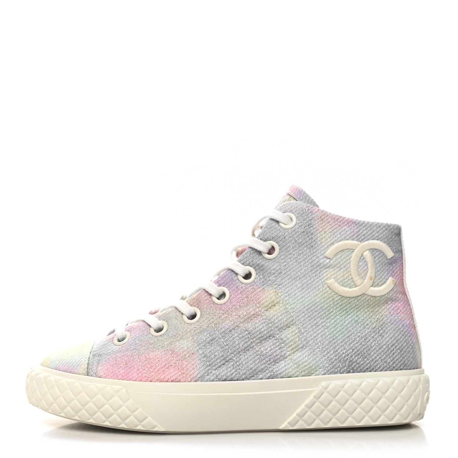 Chanel Printed Fabric Quilted High Top Sneakers 36 Green Pink Blue White 1 of 11