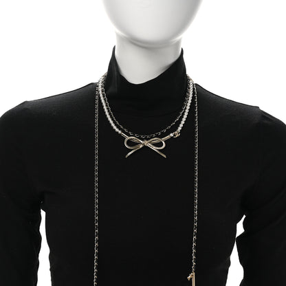 Chanel Calfskin Pearl Metal CC Bow Necklace Gold White Black 2 of 5