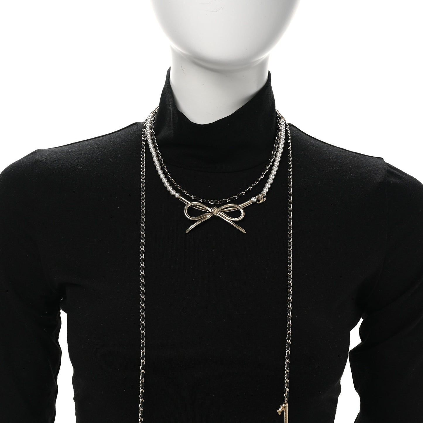 Calfskin Pearl Metal CC Bow Necklace Gold White Black
