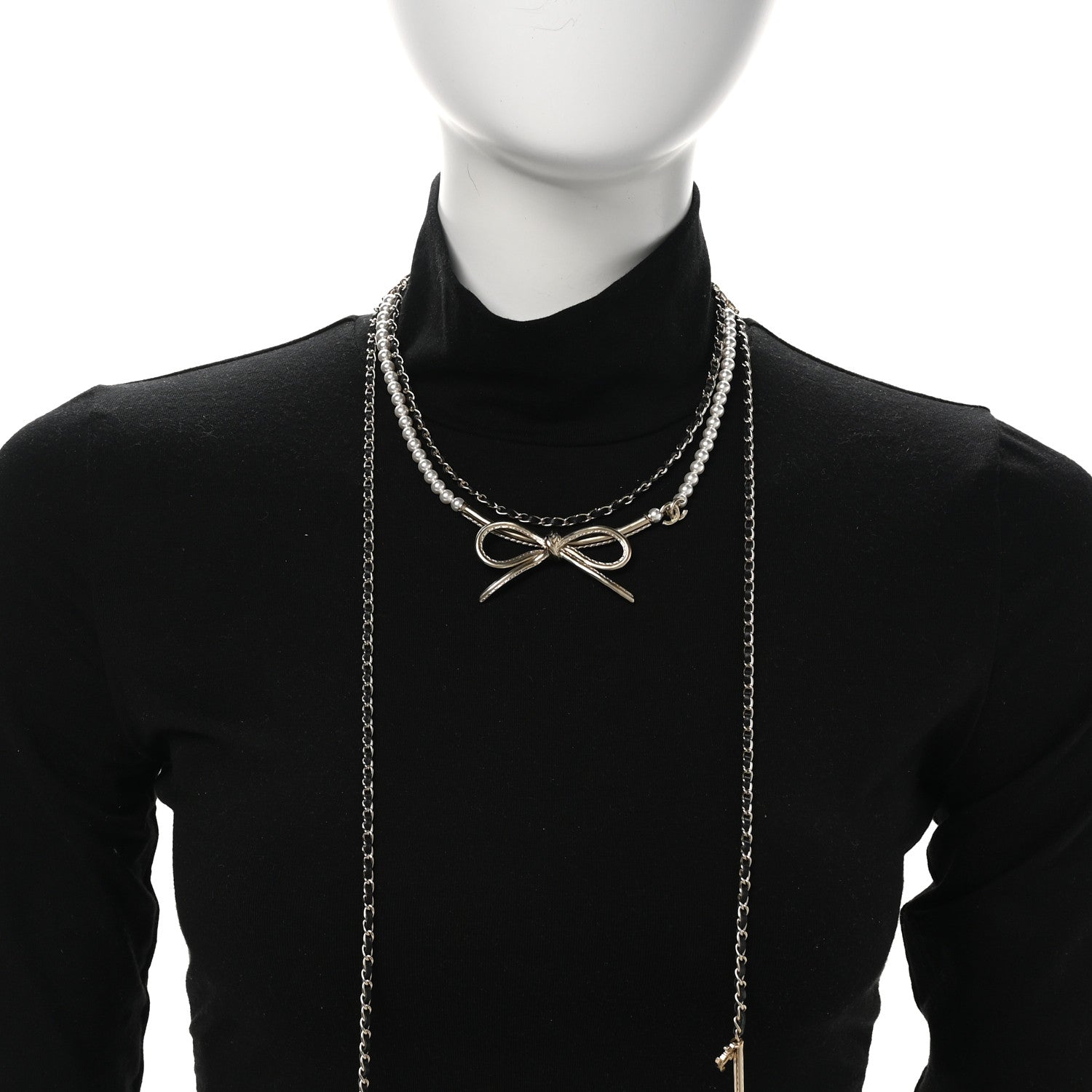 Chanel Calfskin Pearl Metal CC Bow Necklace Gold White Black 2 of 5