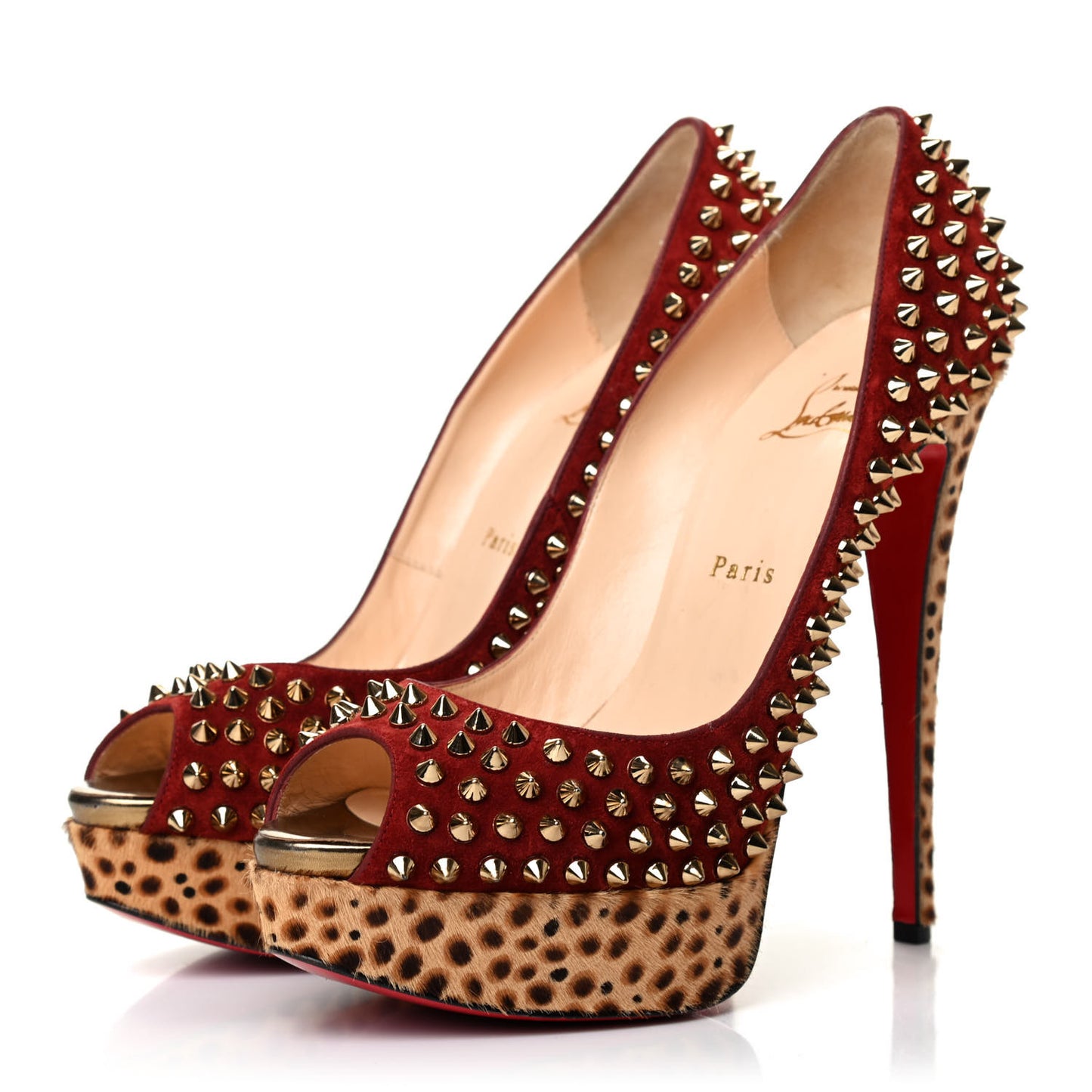 Veau Velours Calf Hair Leopard Lady Peep Spikes 150 Pumps 40 Red