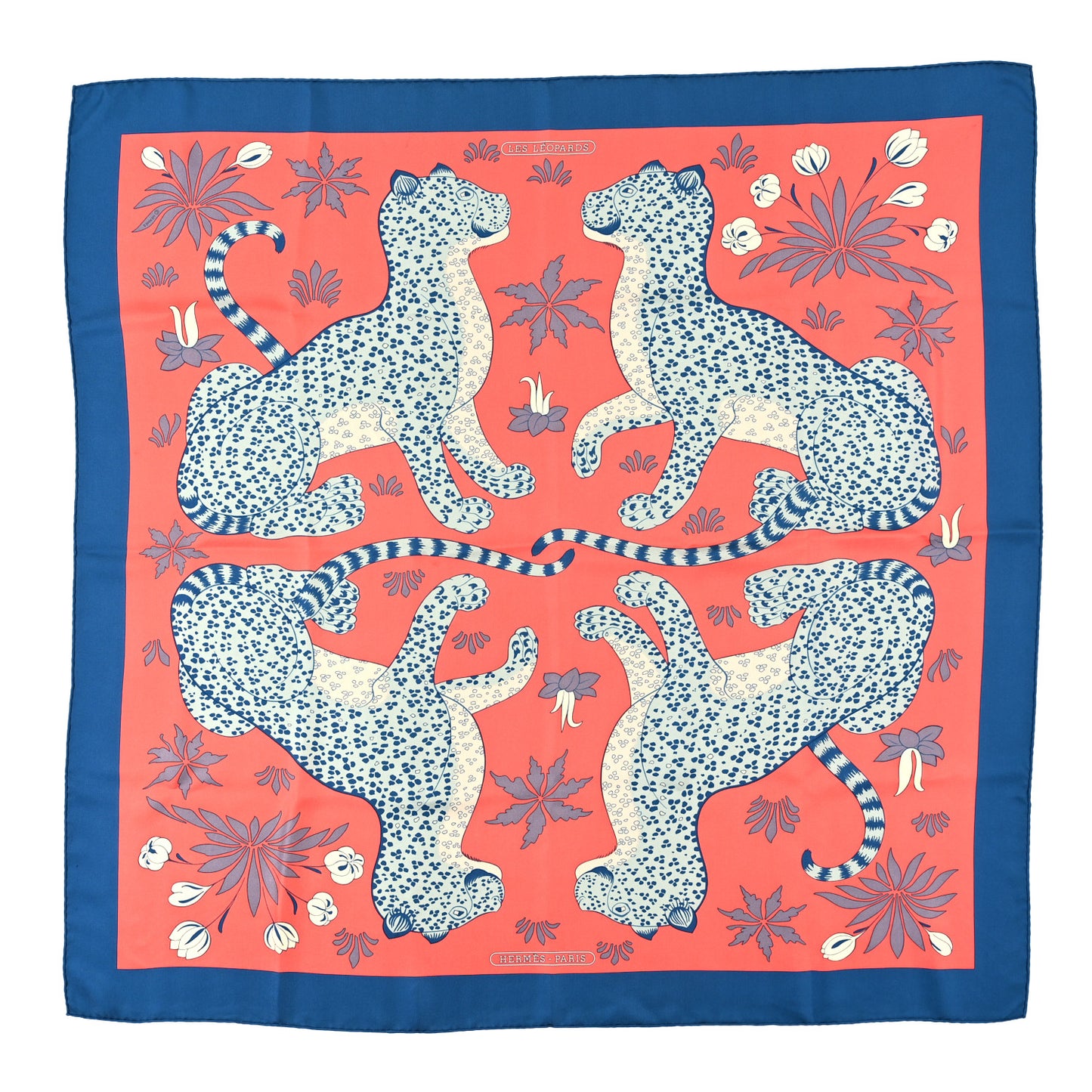 Silk Les Leopards Scarf 90 Bleu Multicolor