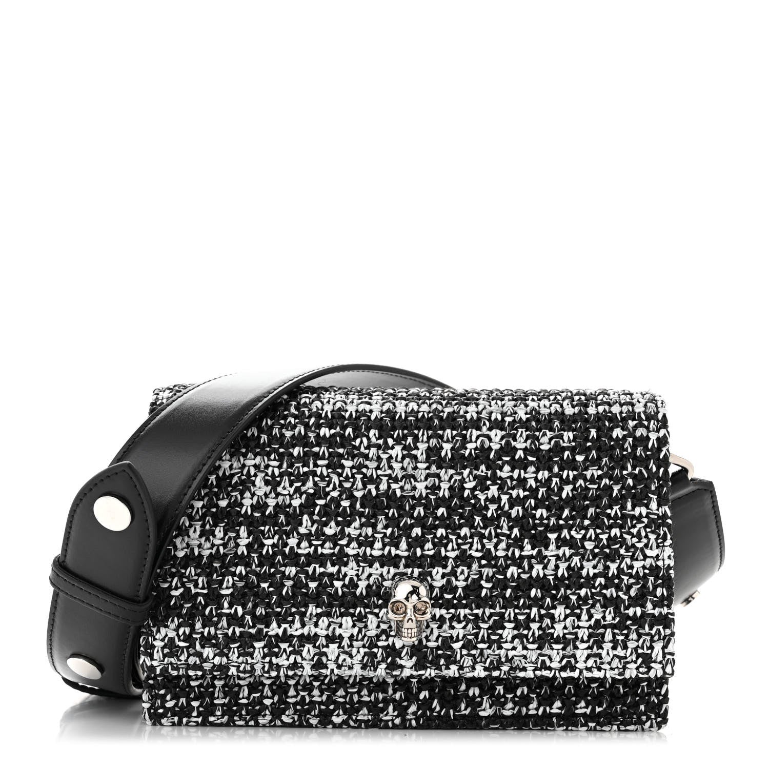 Alexander McQueen Raffia Skull Shoulder Bag Black White 1 of 9