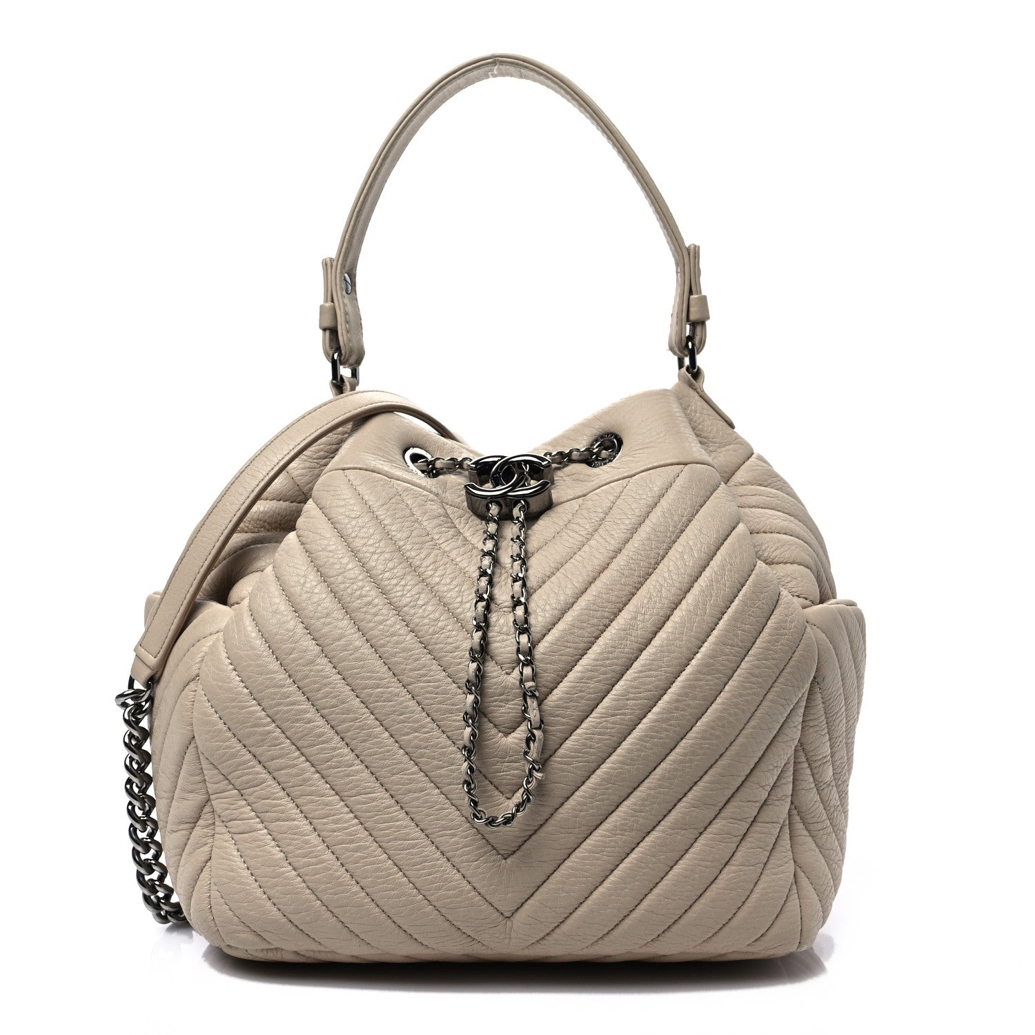 Chanel Deerskin Chevron Medium CC Chain Bucket Drawstring Bag Beige 1 of 7